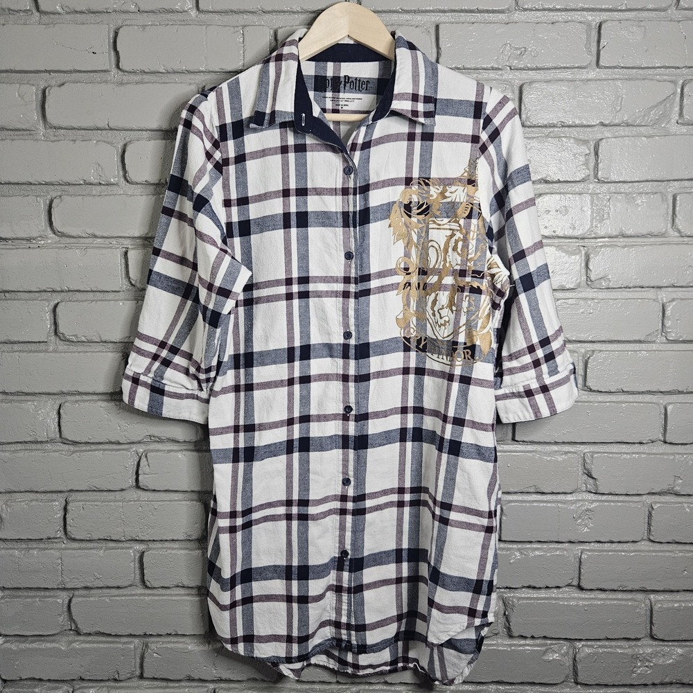 Harry‎ Potter Gryffindor Logo Women's Plaid Flannel Sleep Shirt Nightgown M